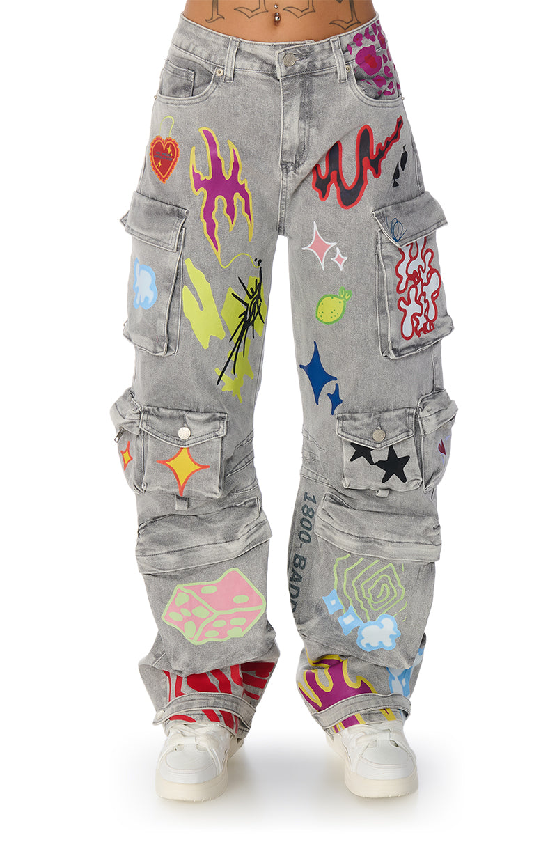 GRAFFITI DETAIL RELAXED LEG CARGO JEANS