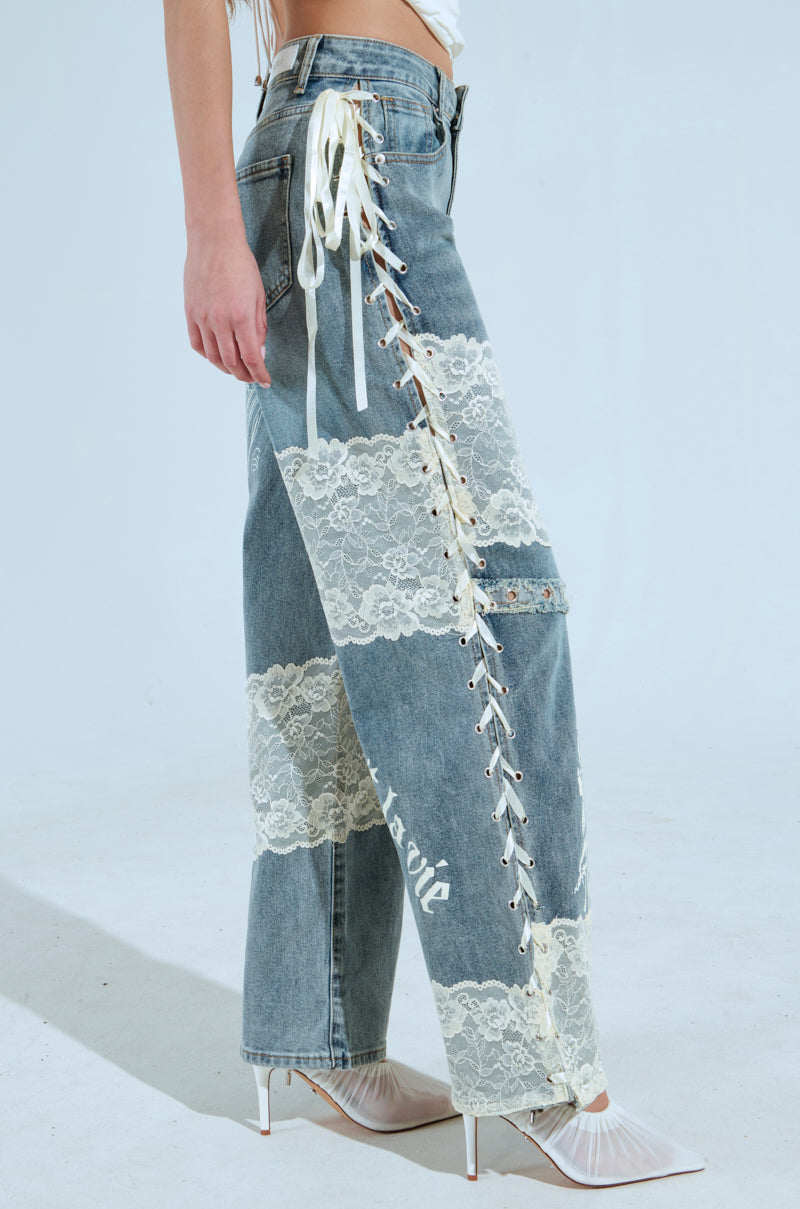 FEMME FATALE PRINTED AND LACE UP DETAIL DENIM JEANS