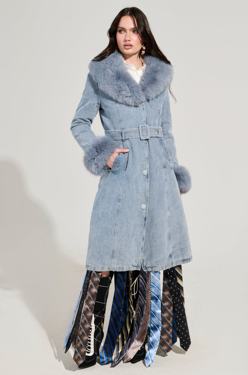 KAYA FUR TRIM TRENCH IN DENIM