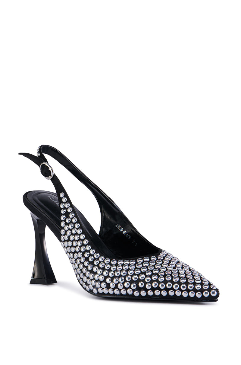 AZALEA WANG ALMIDA BLACK SLING BACK STUD EMBELLISHED PUMP