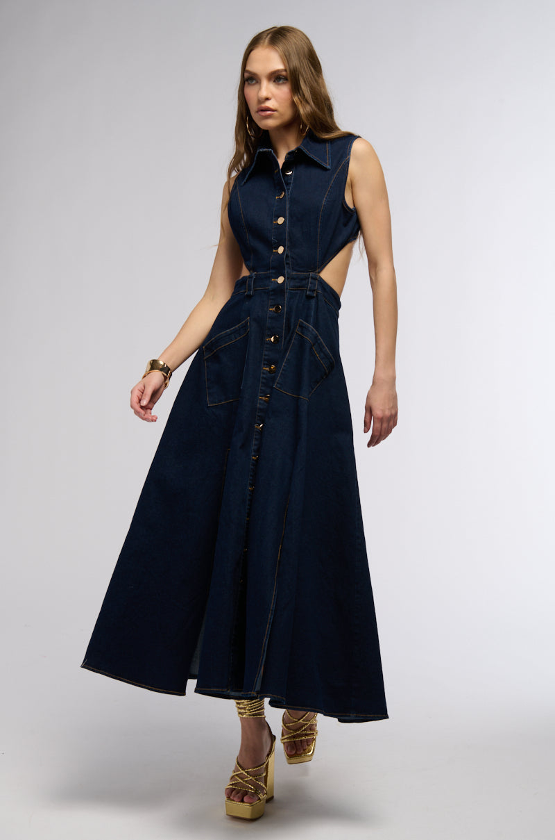 CHIC AF GOLD BUTTON DENIM MIDI DRESS