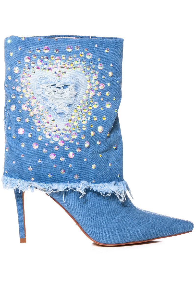 AZALEA WANG ESMERALDA EMBELLISHED BOOTIE IN DENIM