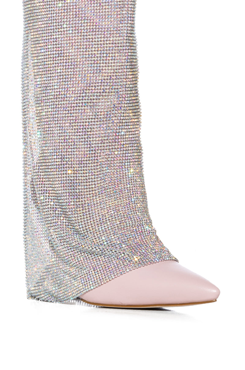 AZALEA WANG RHYANN RHINESTONE CHAINMAIL DRAPE BOOT IN PINK