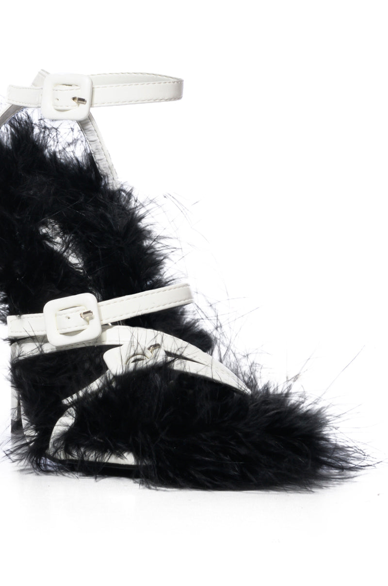 AZALEA WANG BODHI WHITE AND BLACK FUZZY STILLETO SANDAL