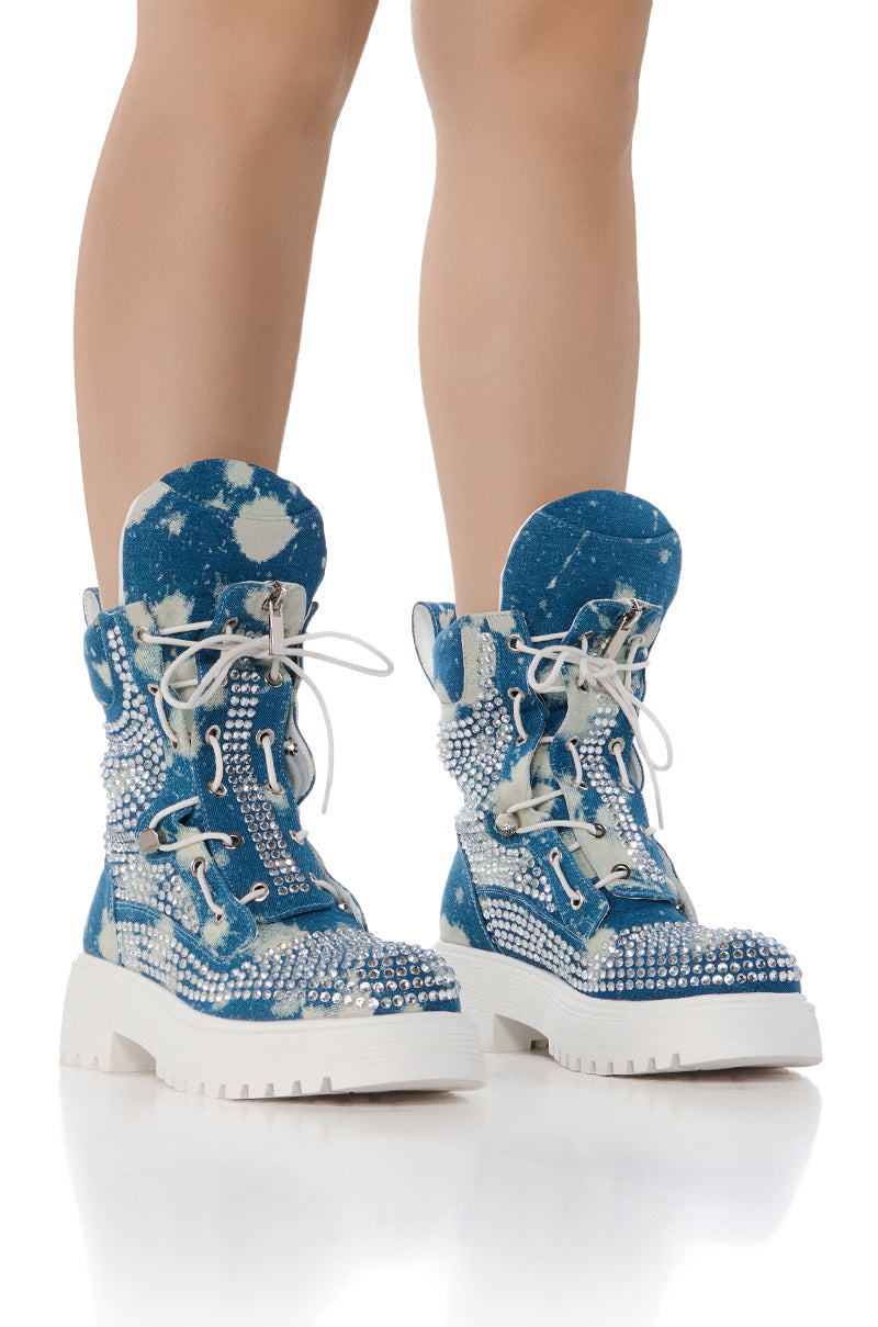 AZALEA WANG HARLYN DENIM AND DIAMONDS COMBAT BOOTIE