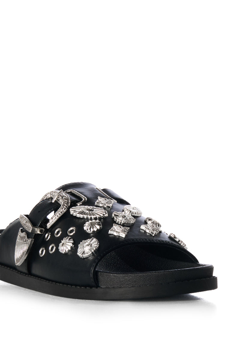 AZALEA WANG CASSANDRA BLACK SILVER CHARM SLIDE ON SANDAL