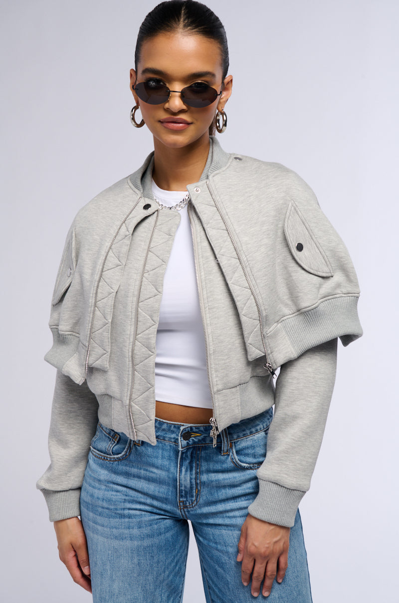 LYNX LAYERED BOMBER JACKET IN HEATHER GREY