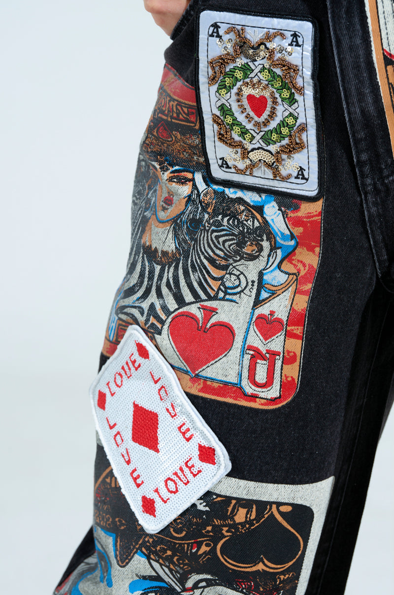 QUEEN OF HEARTS PRINTED AND EMBELLISHED DENIM PANTS