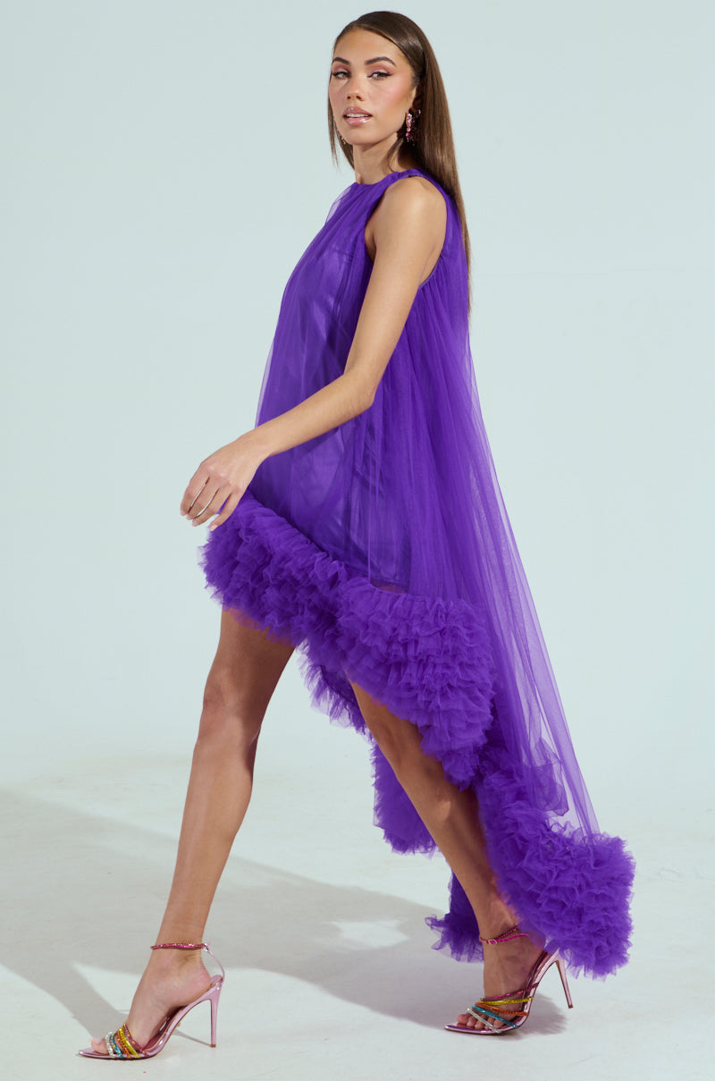 ARI TULLE RUFFLE HIGH LOW DRESS IN PURPLE