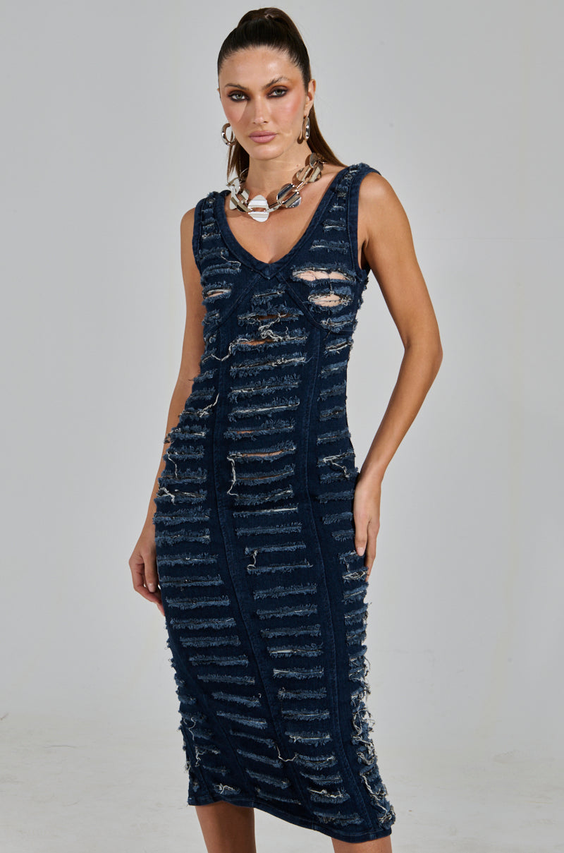 SHE'S GOT IT SHREDDED DENIM MIDI DRESS IN DARK BLUE