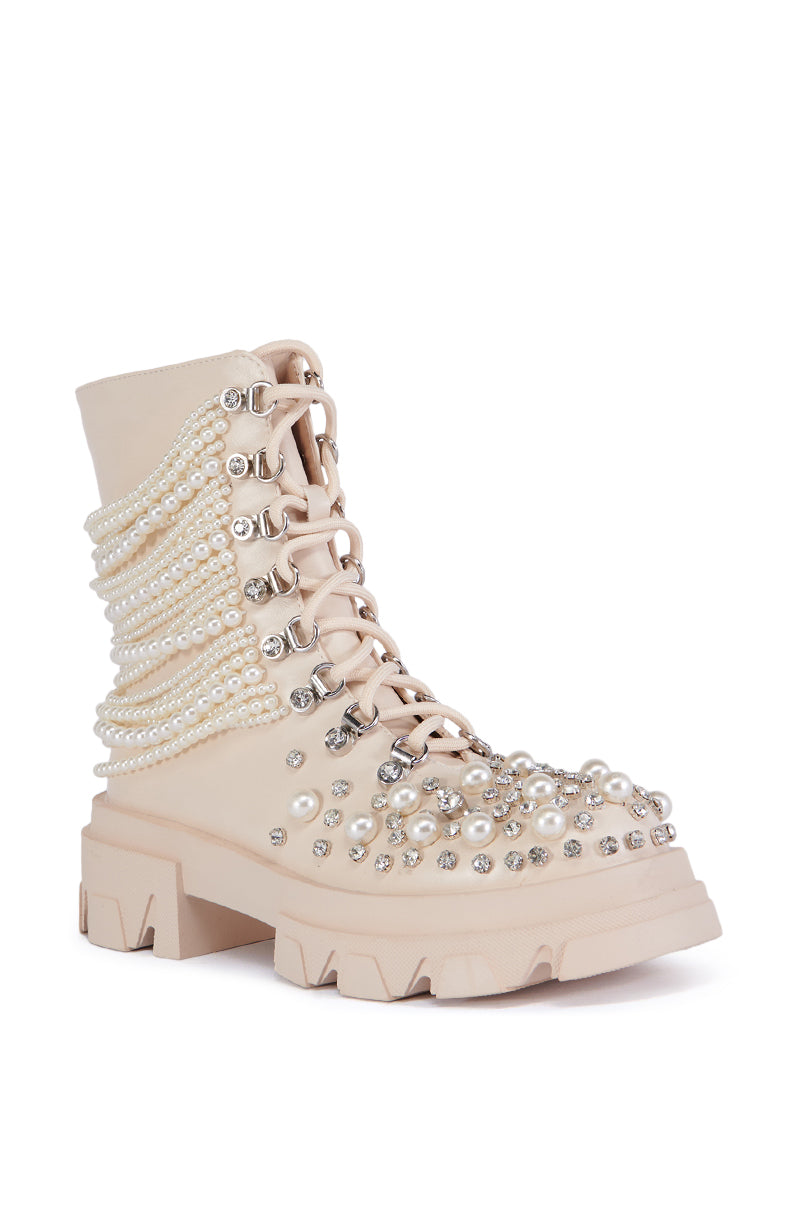 AZALEA WANG TWINKLEY BONE PEARL EMBELLISHED COMBAT BOOTIE