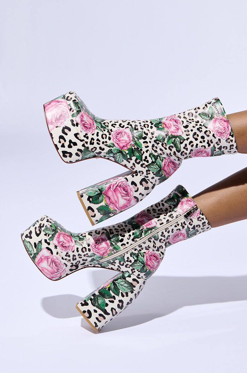 AZALEA WANG HADLEIGH LEOPARD AND FLORAL PLATFORM BOOTIE