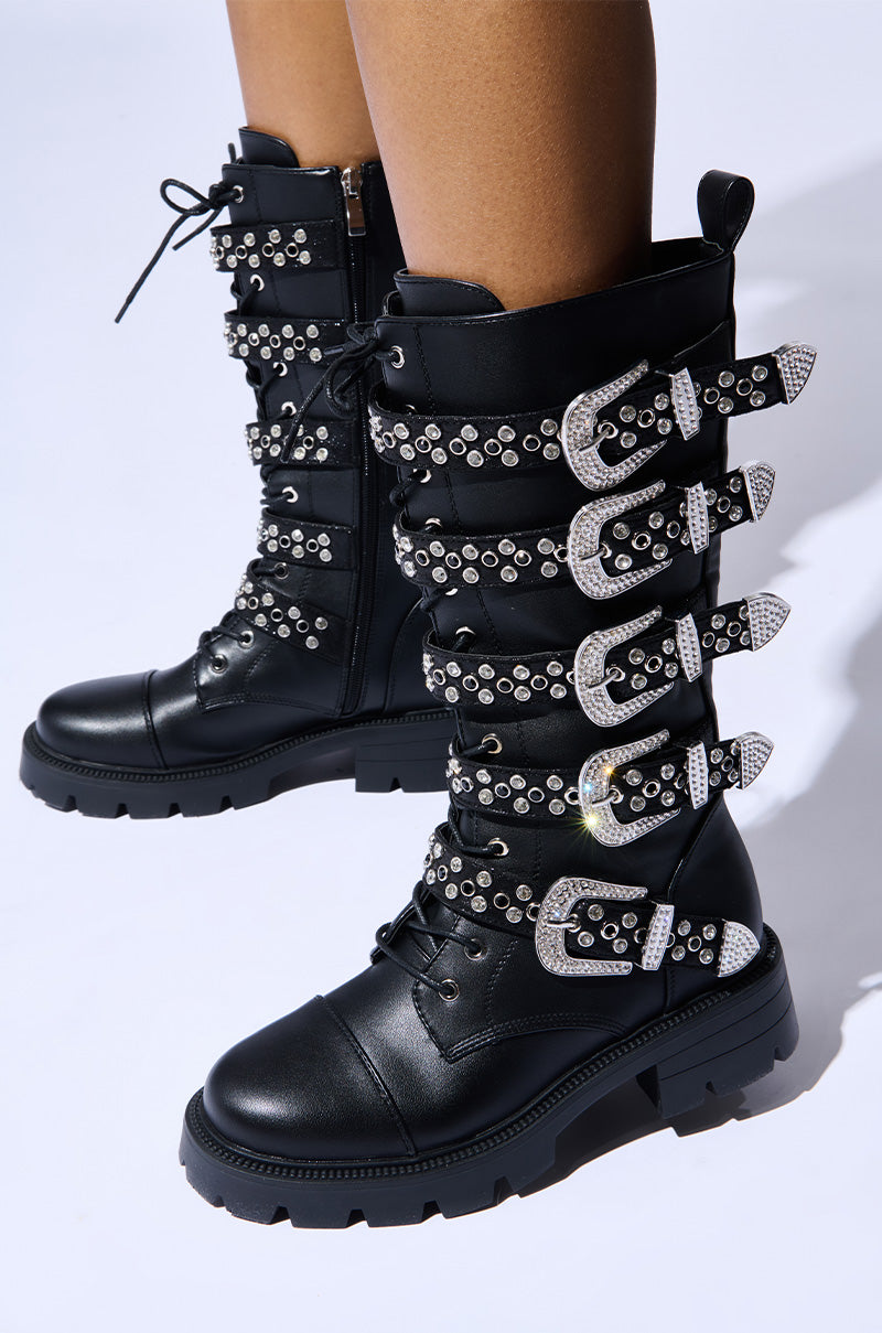 AZALEA WANG BALLADE BLACK EMBELLISHED RHINESTONE BUCKLE BOOT