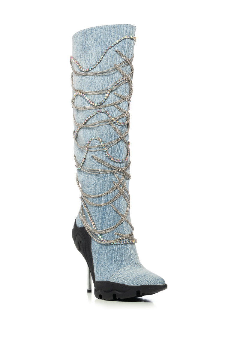 AZALEA WANG TATY DENIM CHAIN EMBELLISHED BOOT