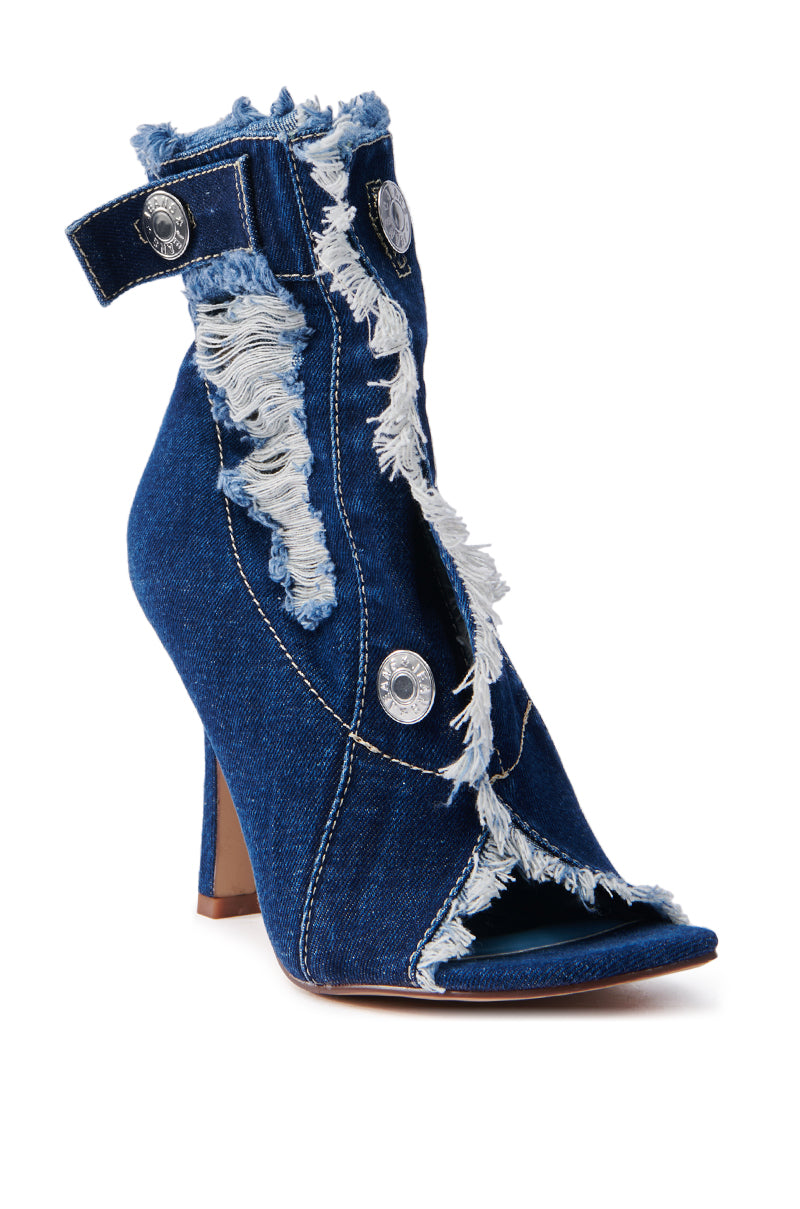 AZALEA WANG TANDY DARK DENIM OPEN TOE BOOTIE