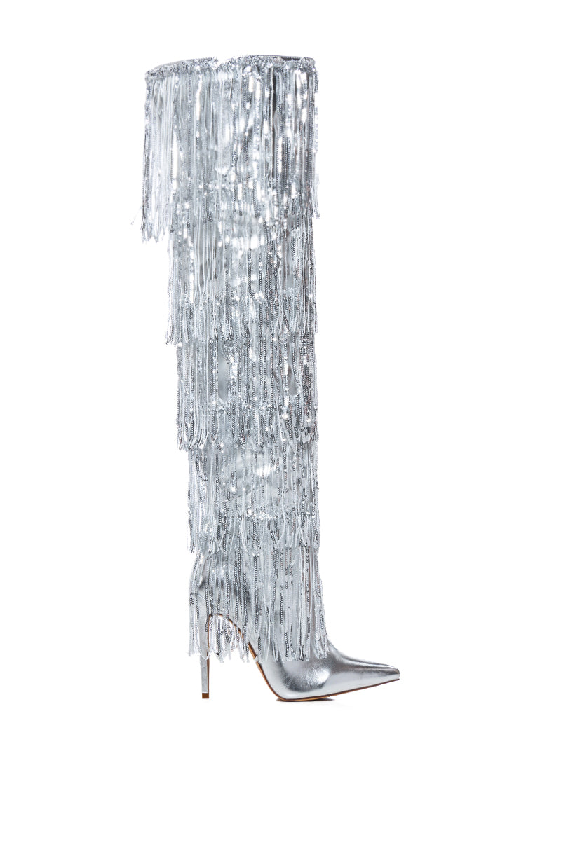 AZALEA WANG ADRIEL SILVER FRINGE STILETTO BOOT