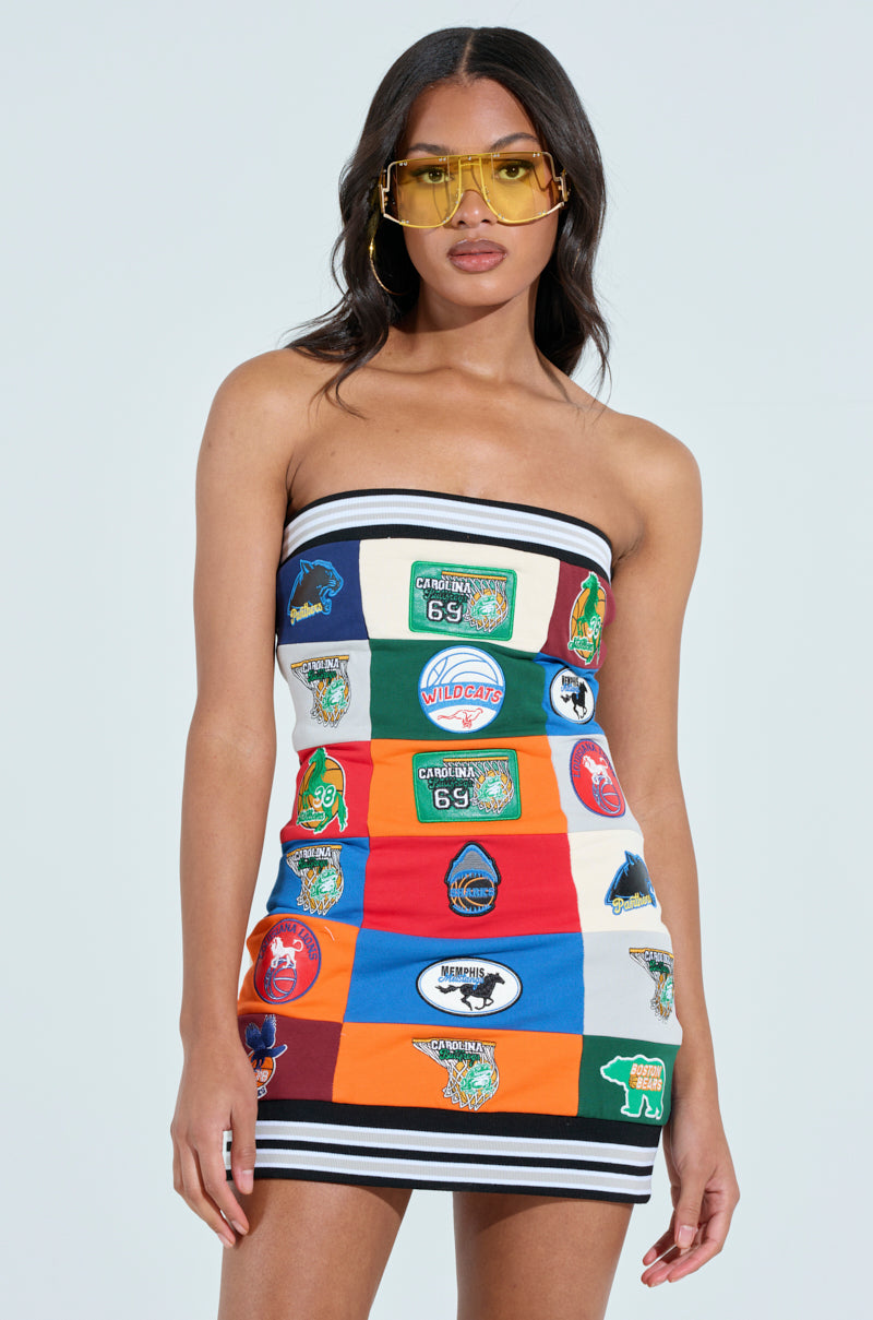 ALL AROUND THE WORLD PATCHWORK MINI DRESS