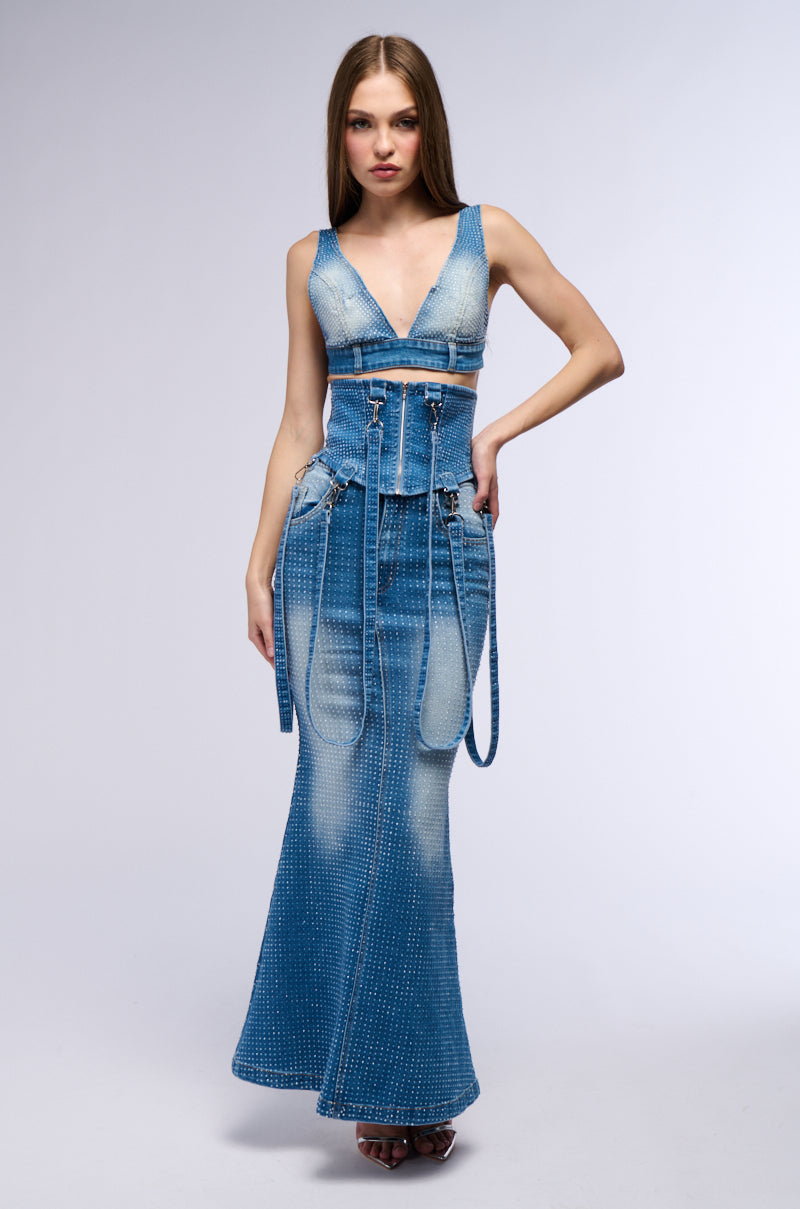 RICH GIRL ENERGY EMBELLISHED DENIM MAXI SKIRT