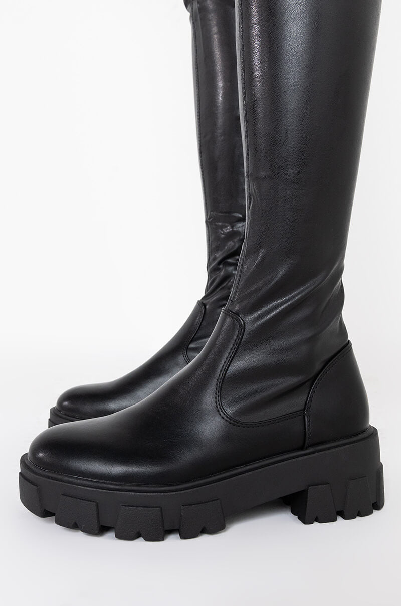 AZALEA WANG LATE NIGHTS OVER THE KNEE FLATFORM BOOT WITH 4 WAY STRETCH IN BLACK