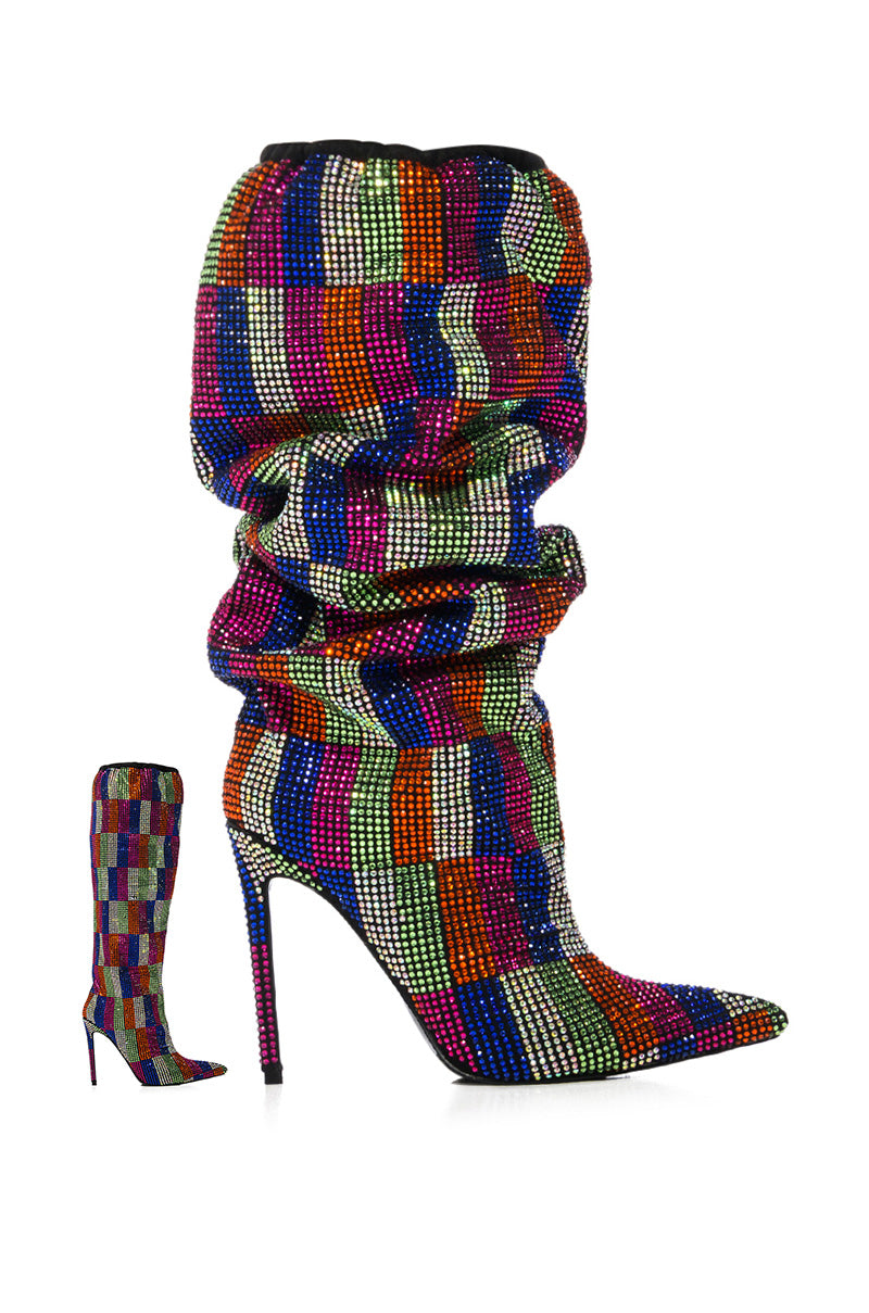 AZALEA WANG BELEN MULTI CHECKERBOARD RHINESTONE DETAIL BOOT