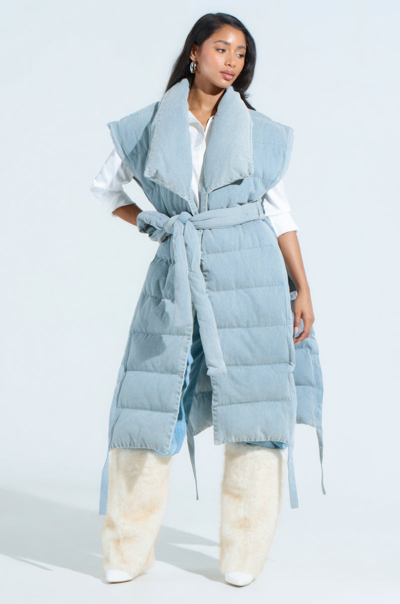 PILOT JONES LONG LINE PUFFER VEST IN DENIM