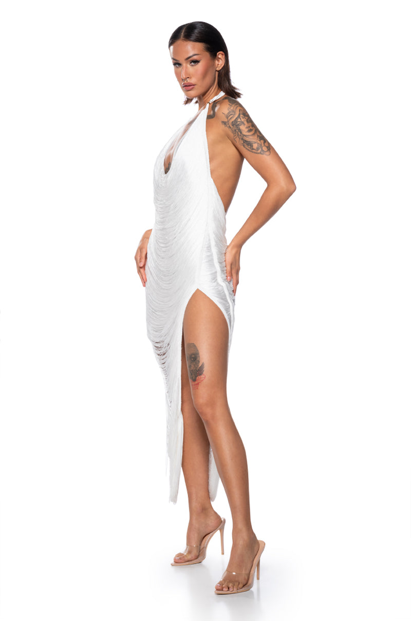 GIANINA FRINGED COWL NECK MAXI DRESS IN WHITE