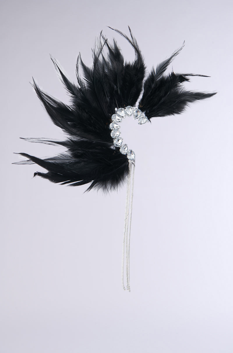GLAM BIRD BLACK FEATHER EAR CUFF IN BLACK SILVER