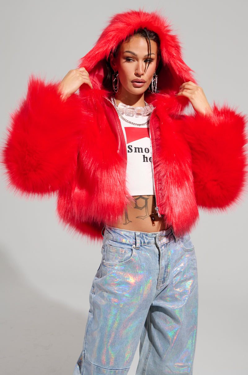 MAEVE HOODED RED FAUX FUR BOMBER