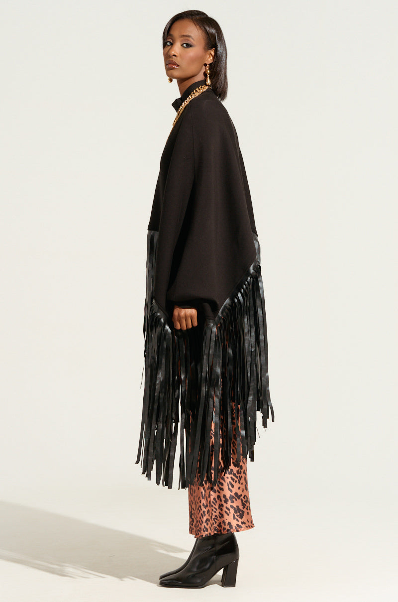 CITY GIRL FAUX LEATHER FRINGE SWEATSHIRT IN BLACK