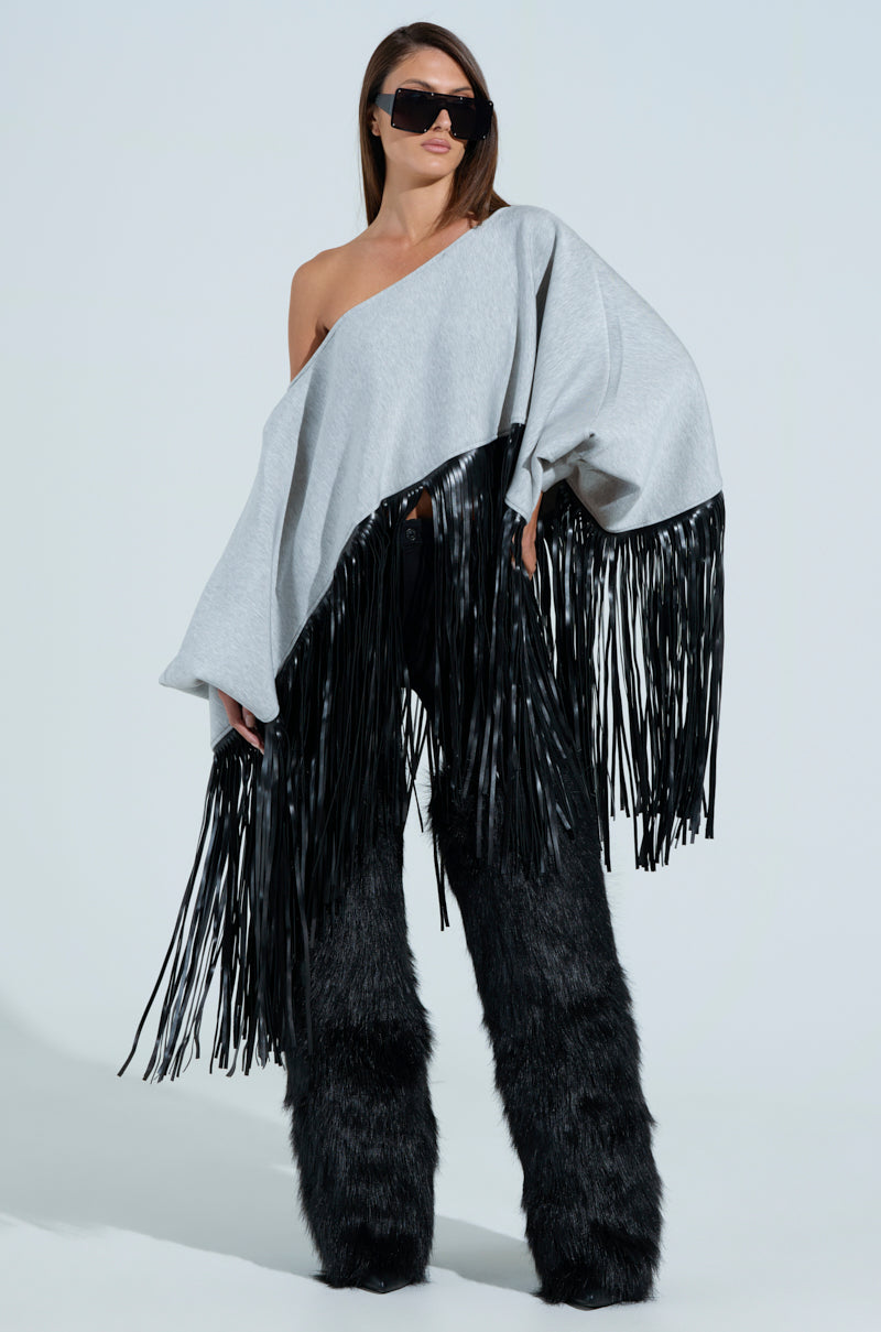 CITY GIRL FAUX LEATHER FRINGE SWEATSHIRT