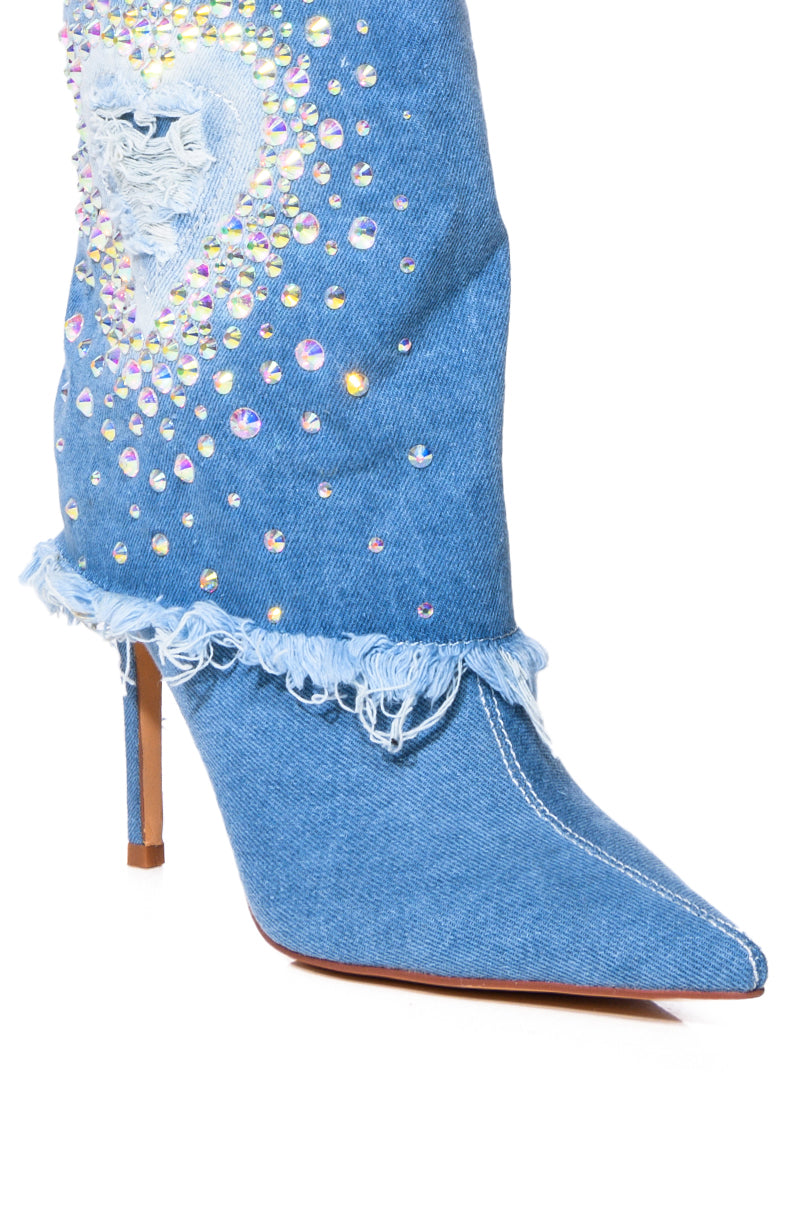 AZALEA WANG ESMERALDA EMBELLISHED BOOTIE IN DENIM