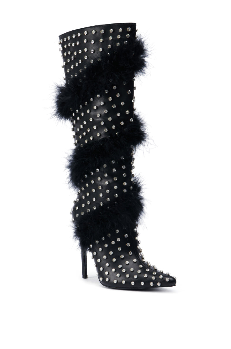 AZALEA WANG GARDENIA FEATHER EMBELLISHED BOOT IN BLACK