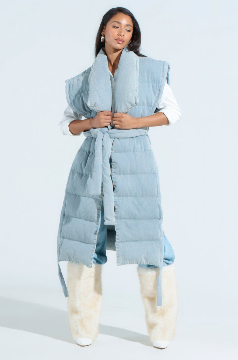 PILOT JONES LONG LINE PUFFER VEST IN DENIM