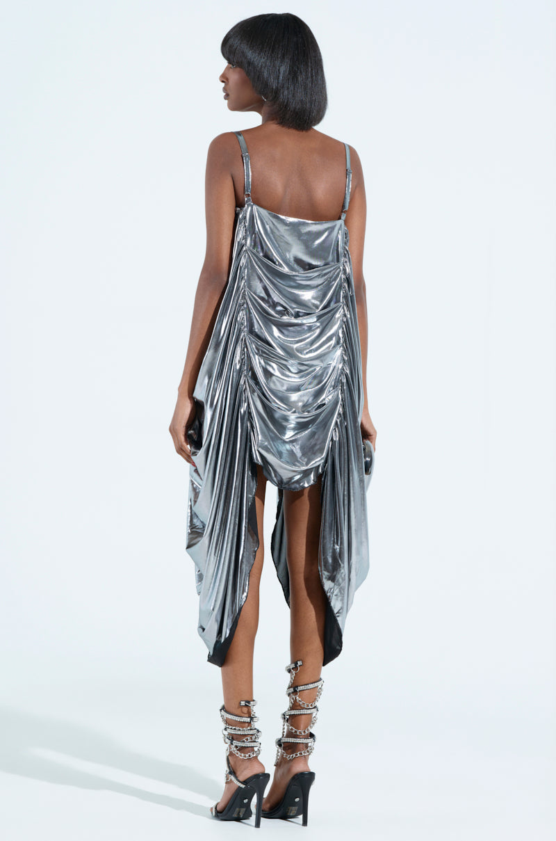 SMOOTH OPERATOR RUCHED MINI DRESS IN METALLIC GREY