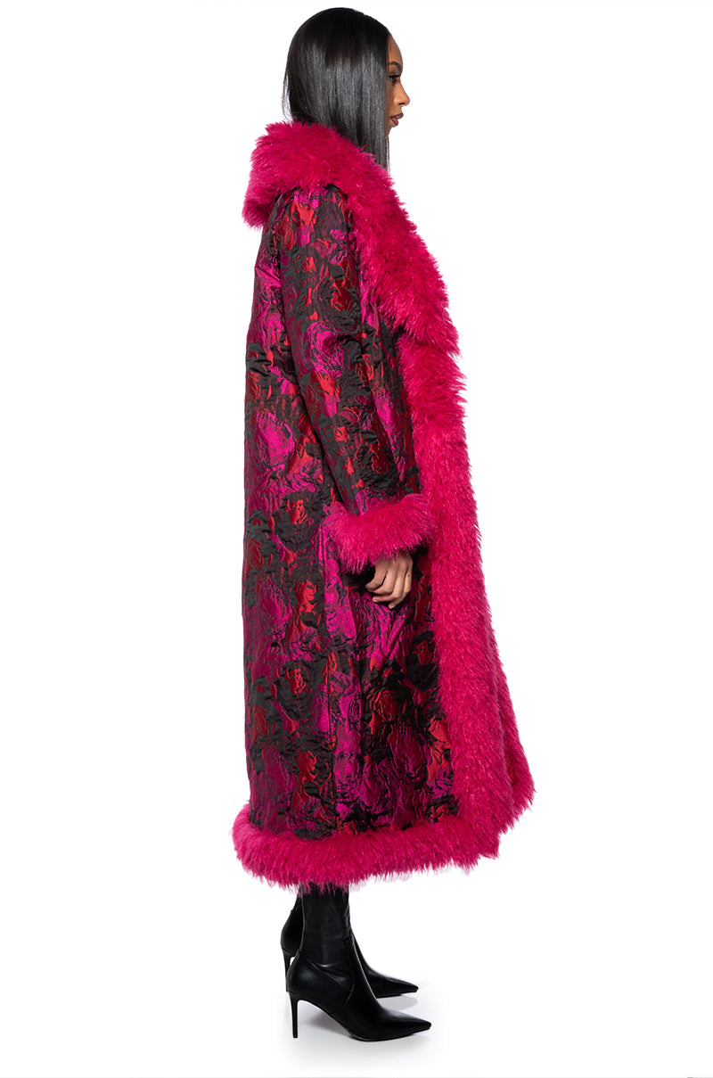 BROCADE PENNY LANE COAT WITH FAUX FUR