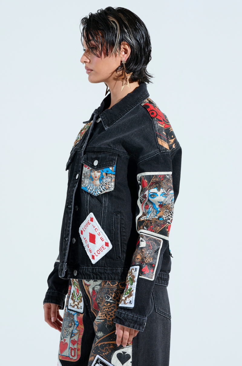 QUEEN OF HEARTS PRINTED AND EMBELLISHED DENIM JACKET