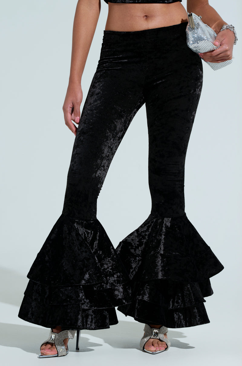 RUBY CRUSHED VELVET RUFFLE BELL BOTTOM LEGGING