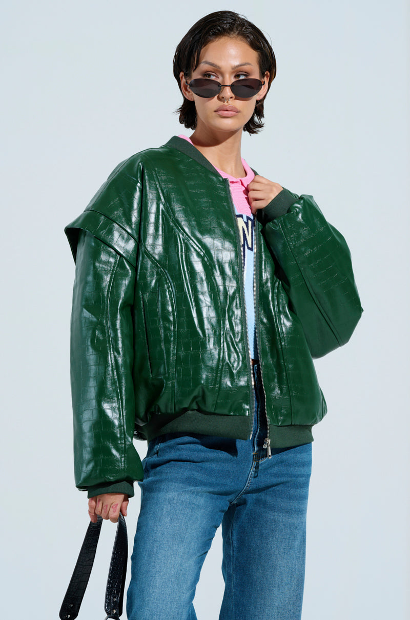 YOKON EMBOSSED FAUX LEATHER BOMBER