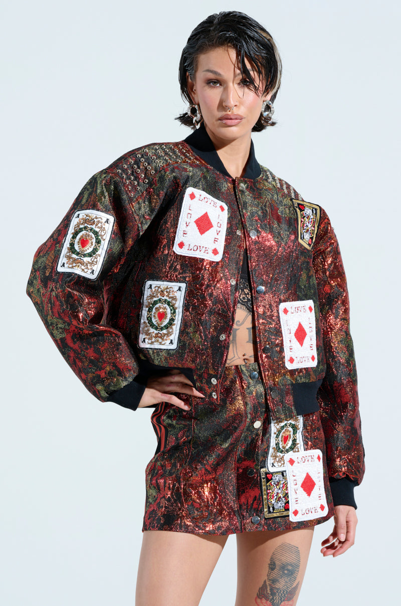 SHOW YOUR CARDS BROCADE BOMBER