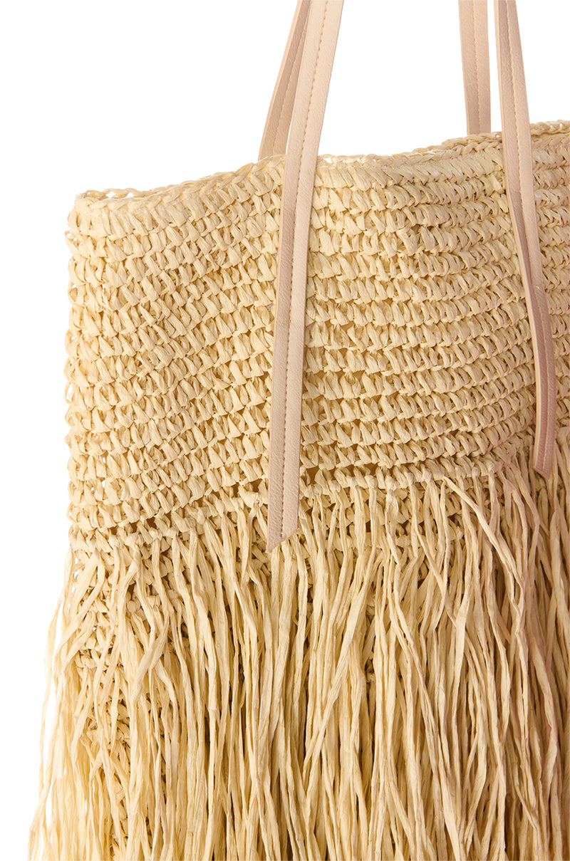 ST BARTZ SHAGGY STRAW TOTE BAG