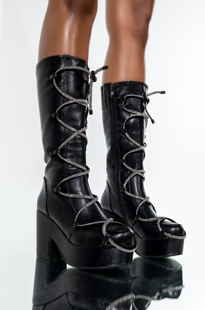 AZALEA WANG LACE IT UP CHUNKY BOOT IN BLACK