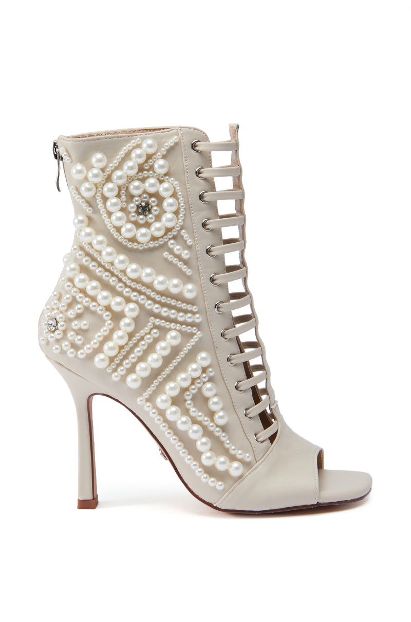 AZALEA WANG CHIPPER BONE BOOTIE WITH PEARL EMBELLISHMENT