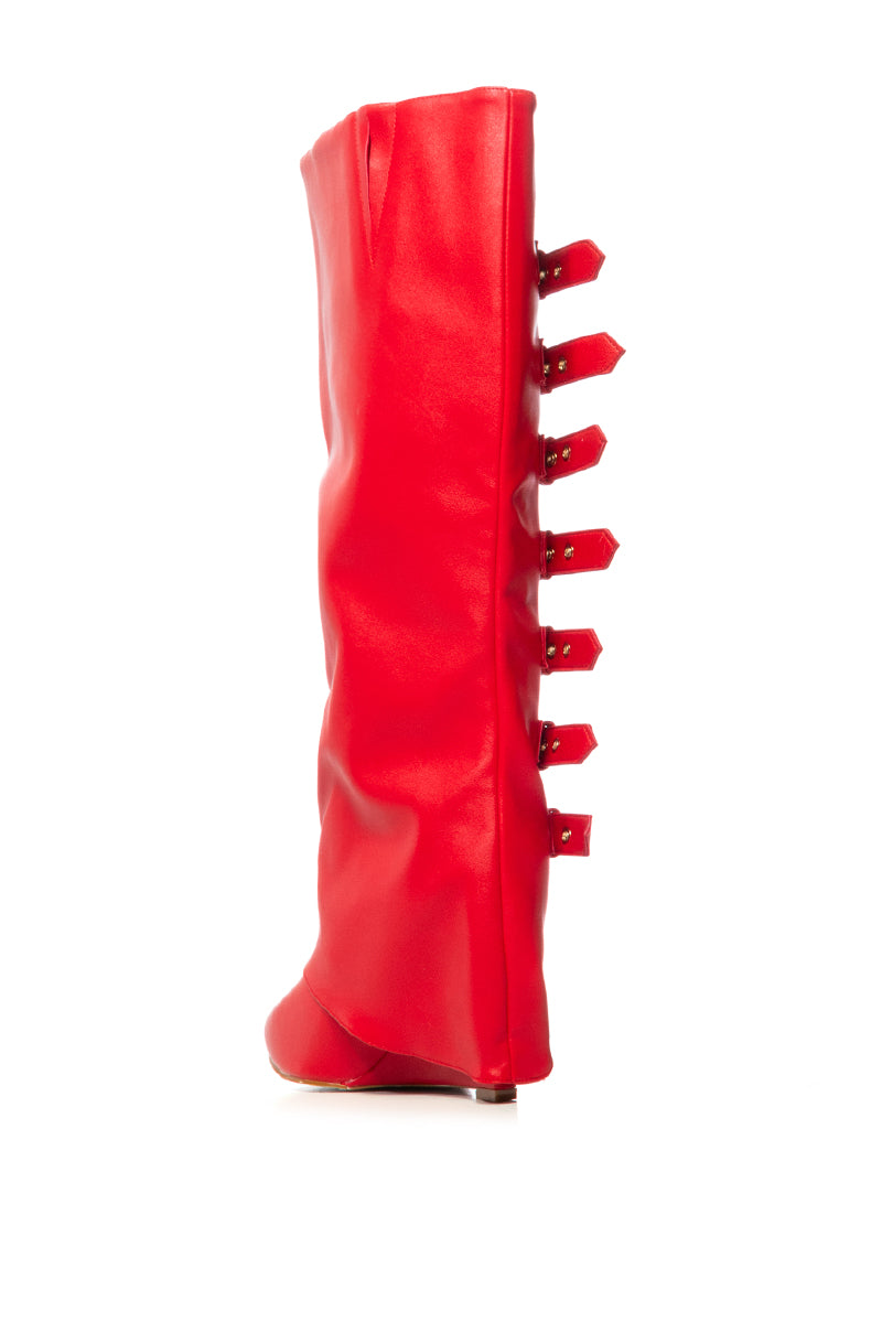 AZALEA WANG RISNA RED BUCKLE DETAIL BOOT