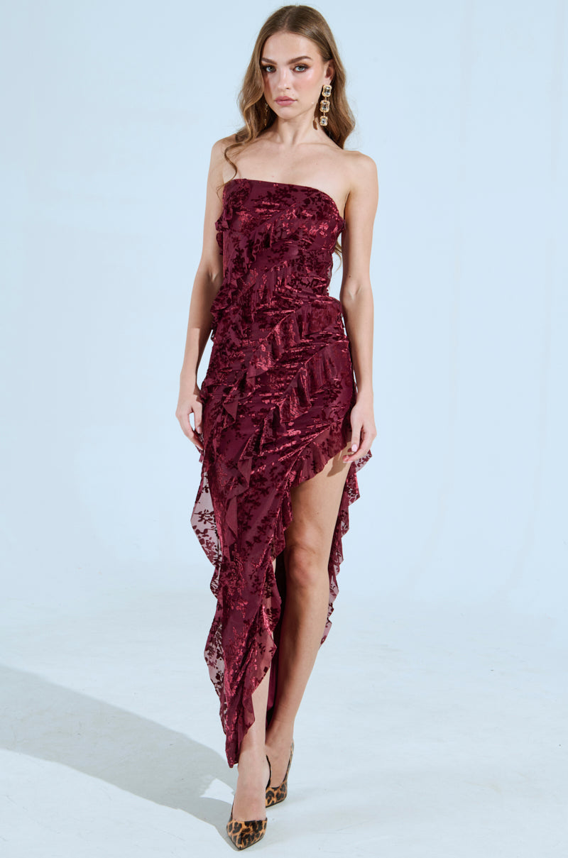 CYRUS VELVET MAXI DRESS IN BURGUNDY