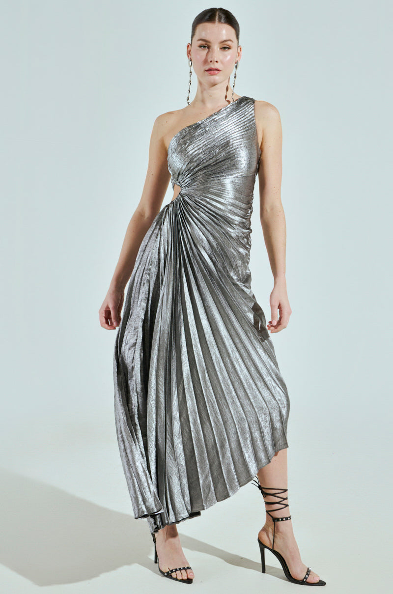 A LITTLE PARTY PLEATED MIDI DRESS IN SILVER