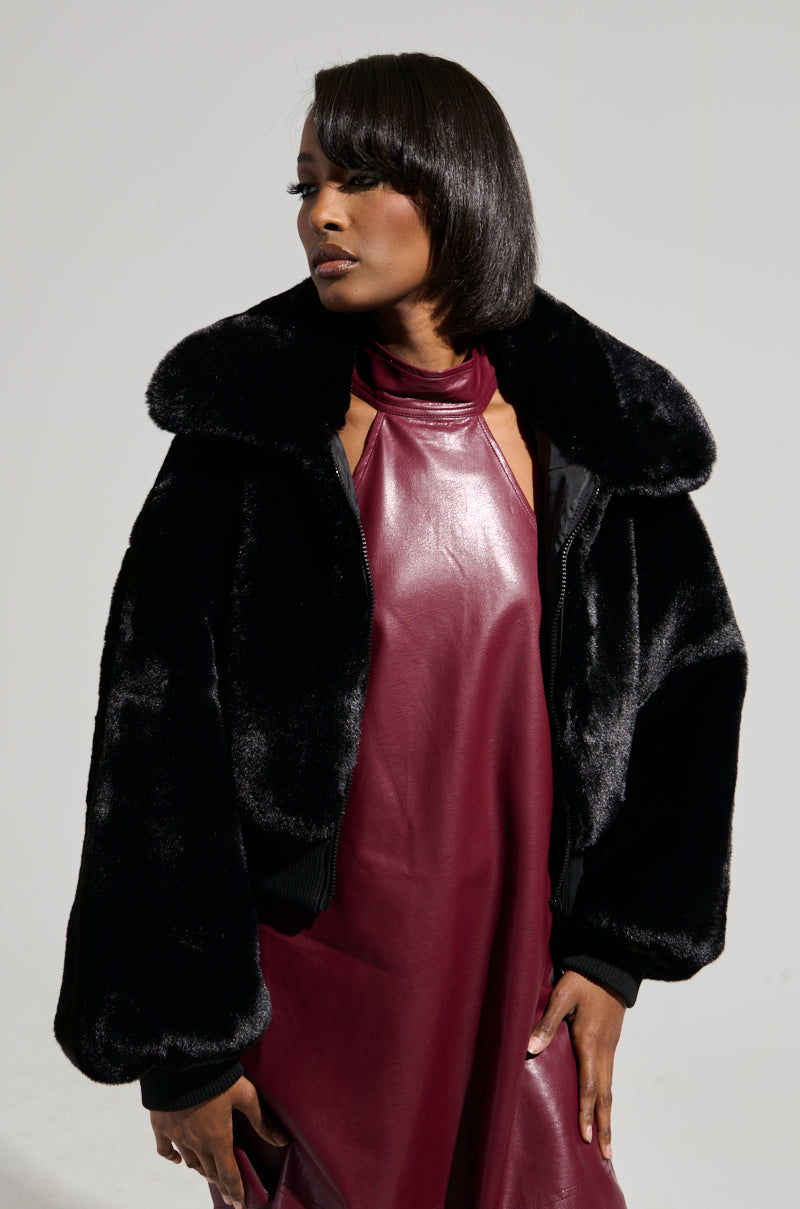 DREW FAUX FUR BOMBER WITH RIB TRIM IN BLACK