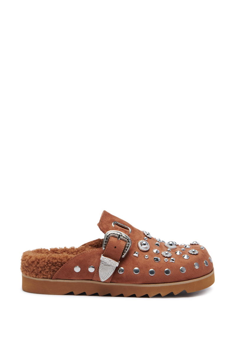 AZALEA WANG CHATTER BROWN FUR AND HARDWARE EMBELLISHED CLOG