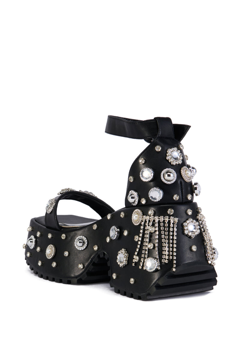 AZALEA WANG JONANN BLACK EMBELLISHED CHUNKY HEEL PLATFORM SANDAL