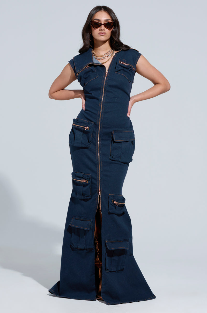 DONT MESS WITH ME COLLARED DENIM MAXI DRESS