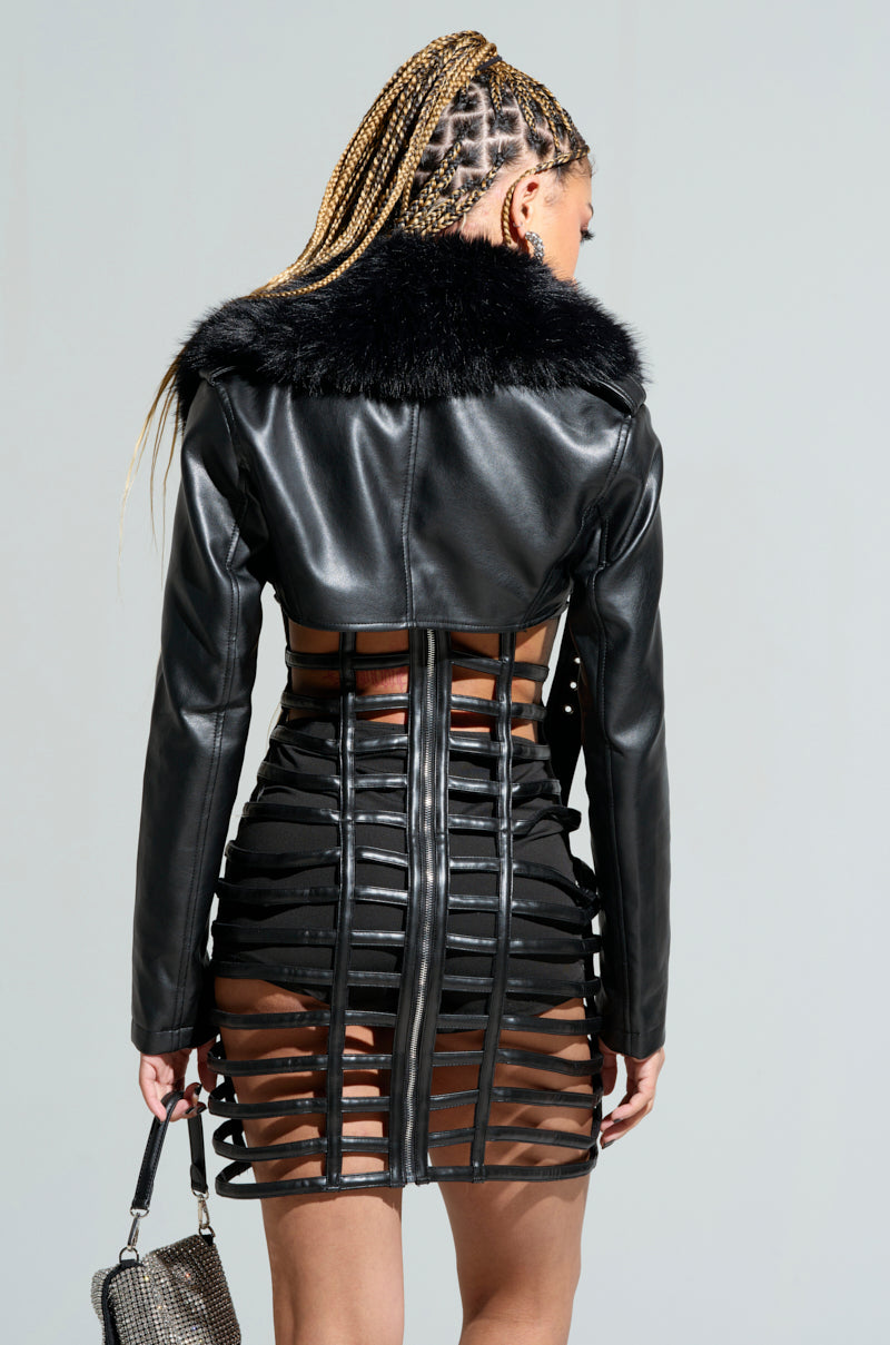 HALF MY HEART ULTRA CROPPED MOTO WITH FUR COLLAR